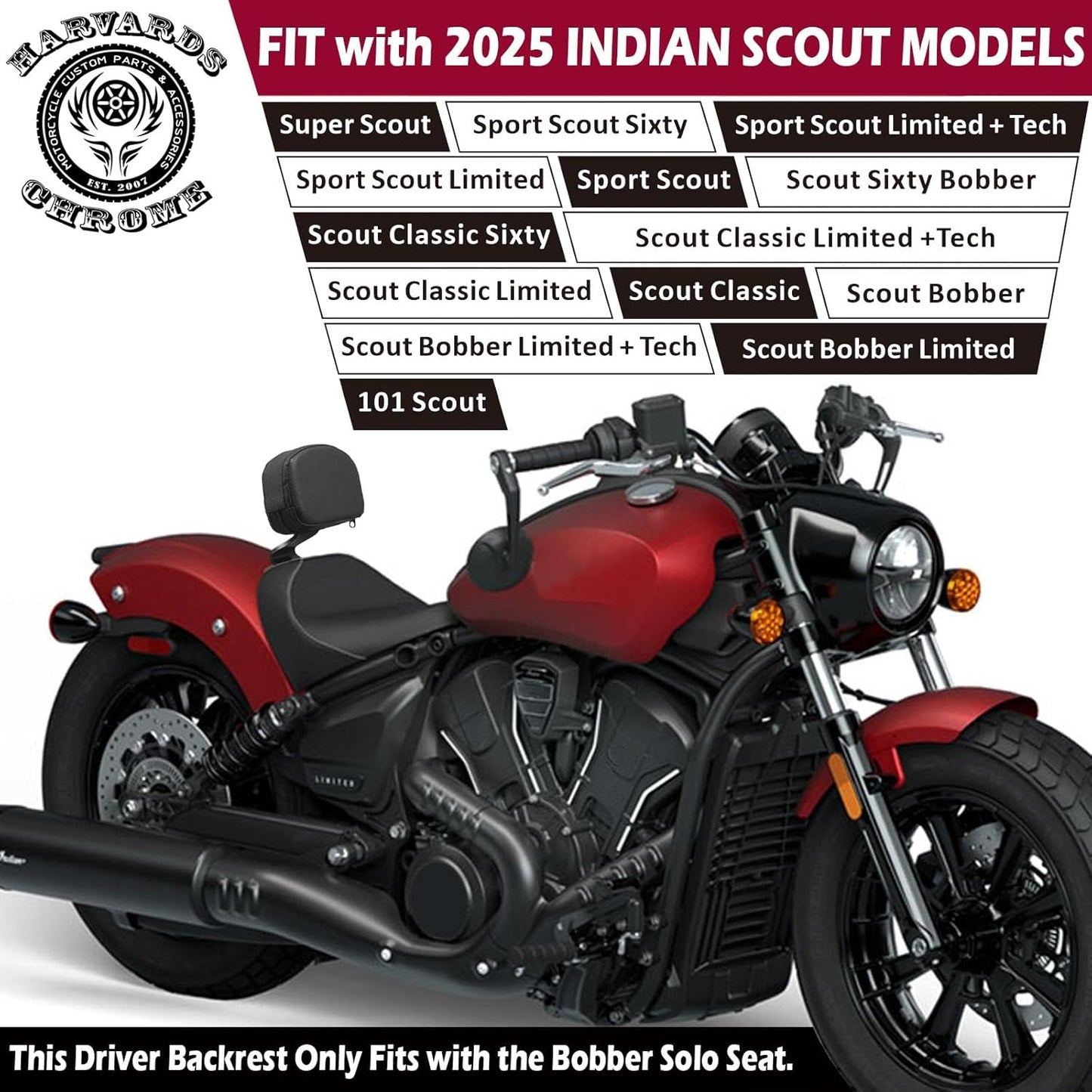 Harvards Chrome Bolt On Rider Driver Backrest Fit for Indian Scout Bobber Solo Seat 2025