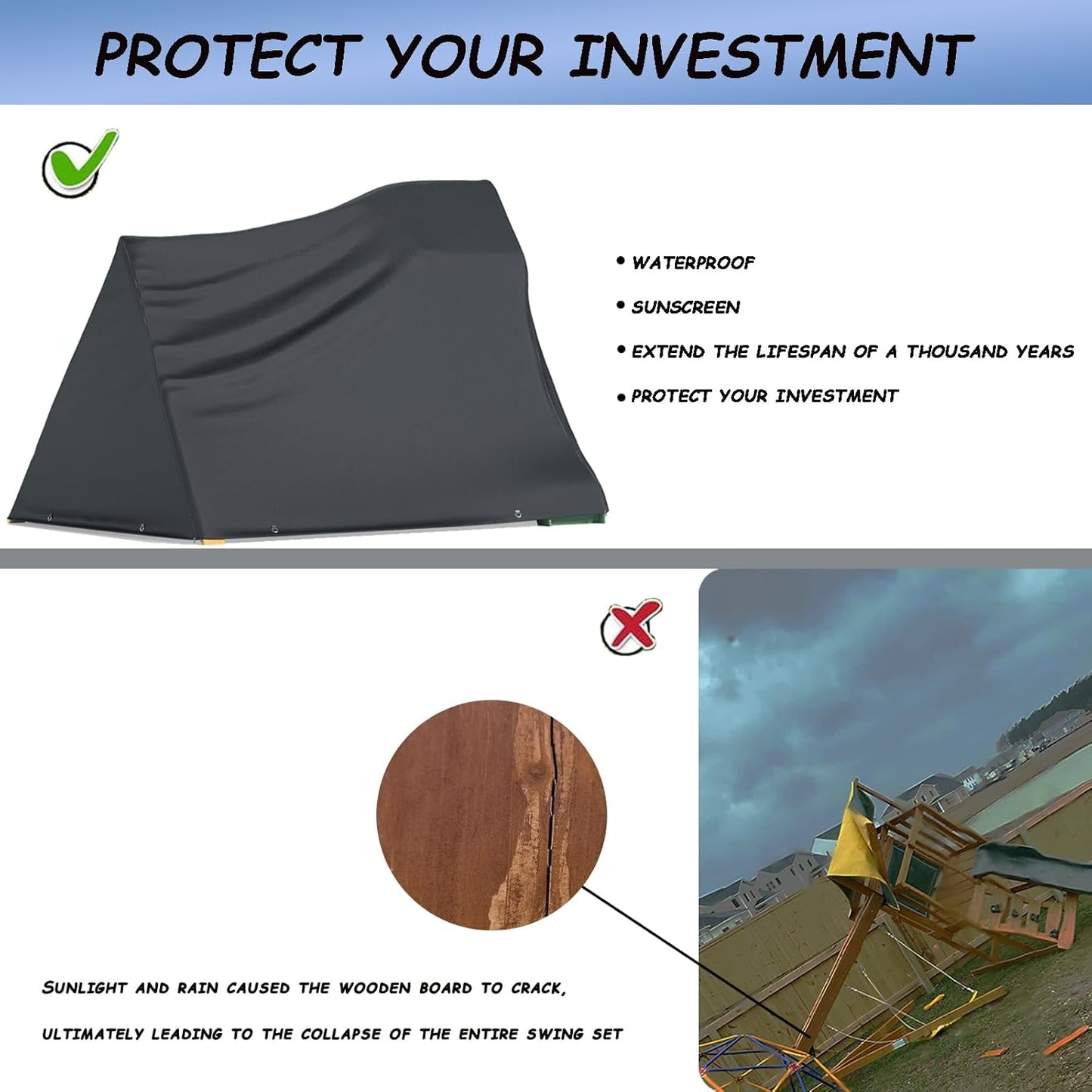 Wooden Swing Set Cover, Heavy-Duty Protection (Fits 108'Lx 23'Wx95'H) for Outdoor Swing Sets w/ Slides/Rock Walls