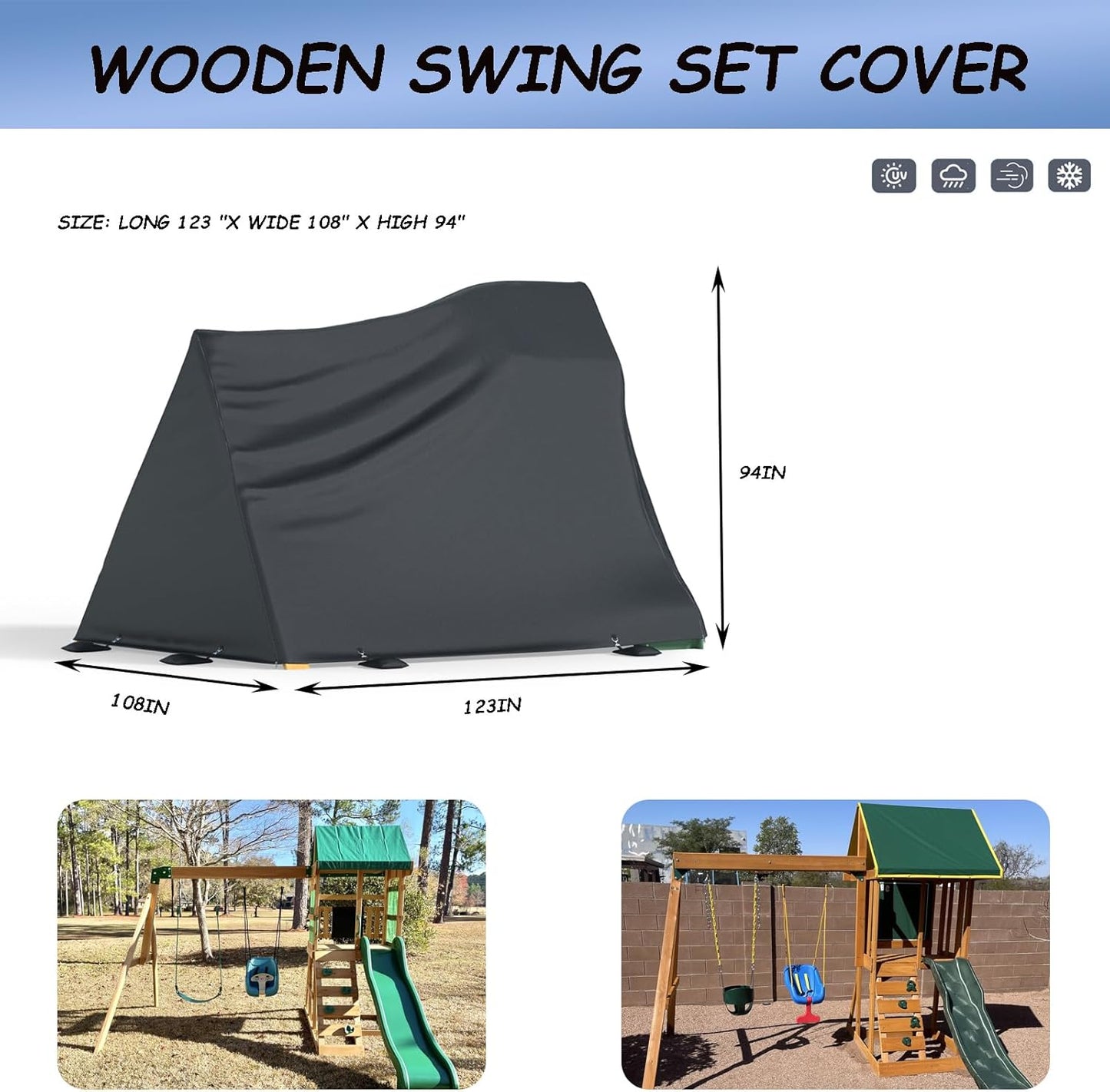 Wooden Swing Set Cover, Heavy-Duty Protection (Fits 108'Lx 23'Wx95'H) for Outdoor Swing Sets w/ Slides/Rock Walls