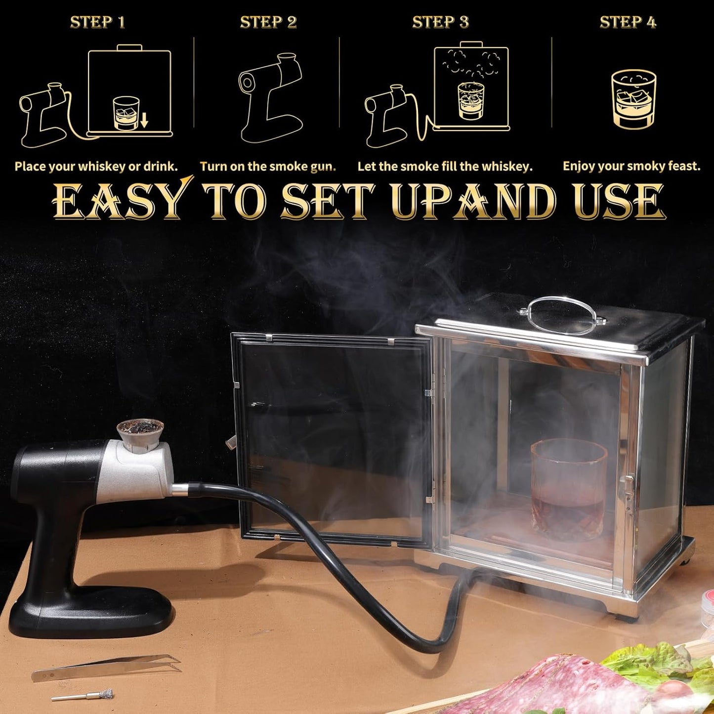Stainless Steel and Glass Smoking Box with Handheld Smoker (Without Torch), 9.5 x 9.5 x 10.8 Inch