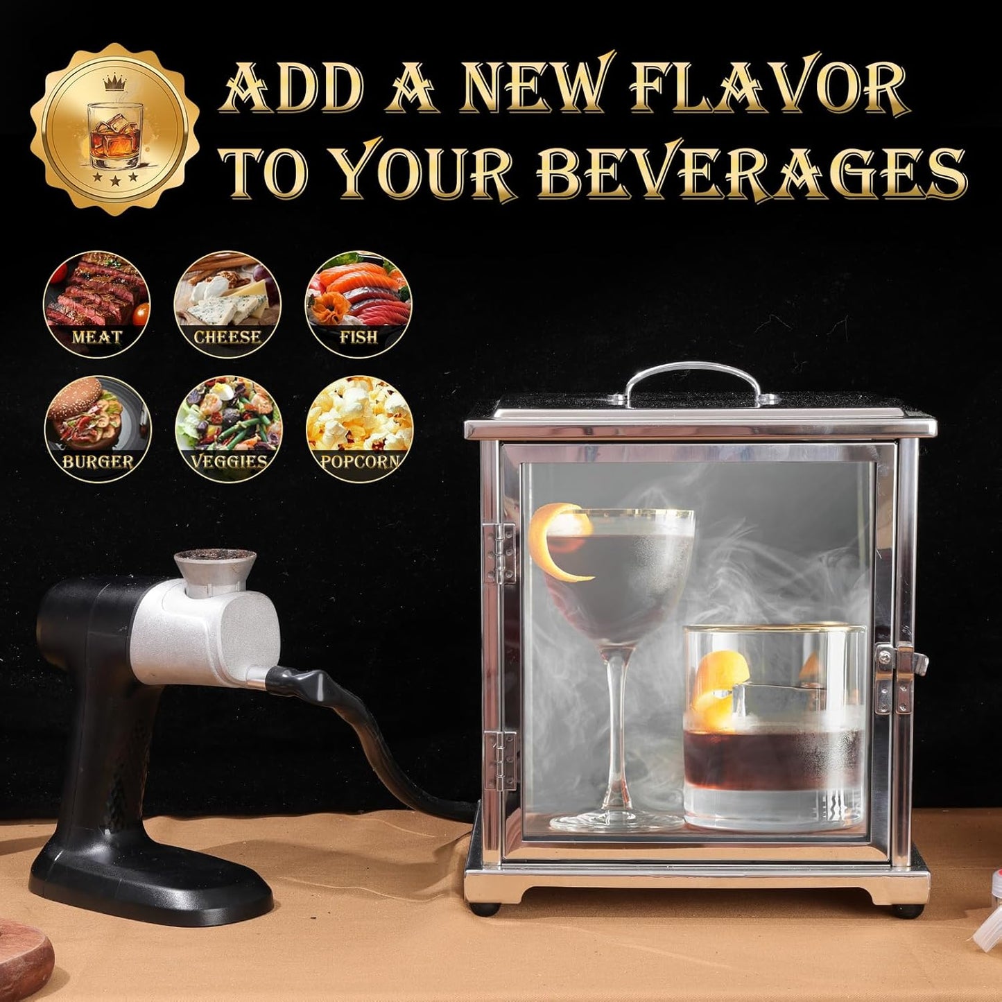 Stainless Steel and Glass Smoking Box with Handheld Smoker (Without Torch), 9.5 x 9.5 x 10.8 Inch