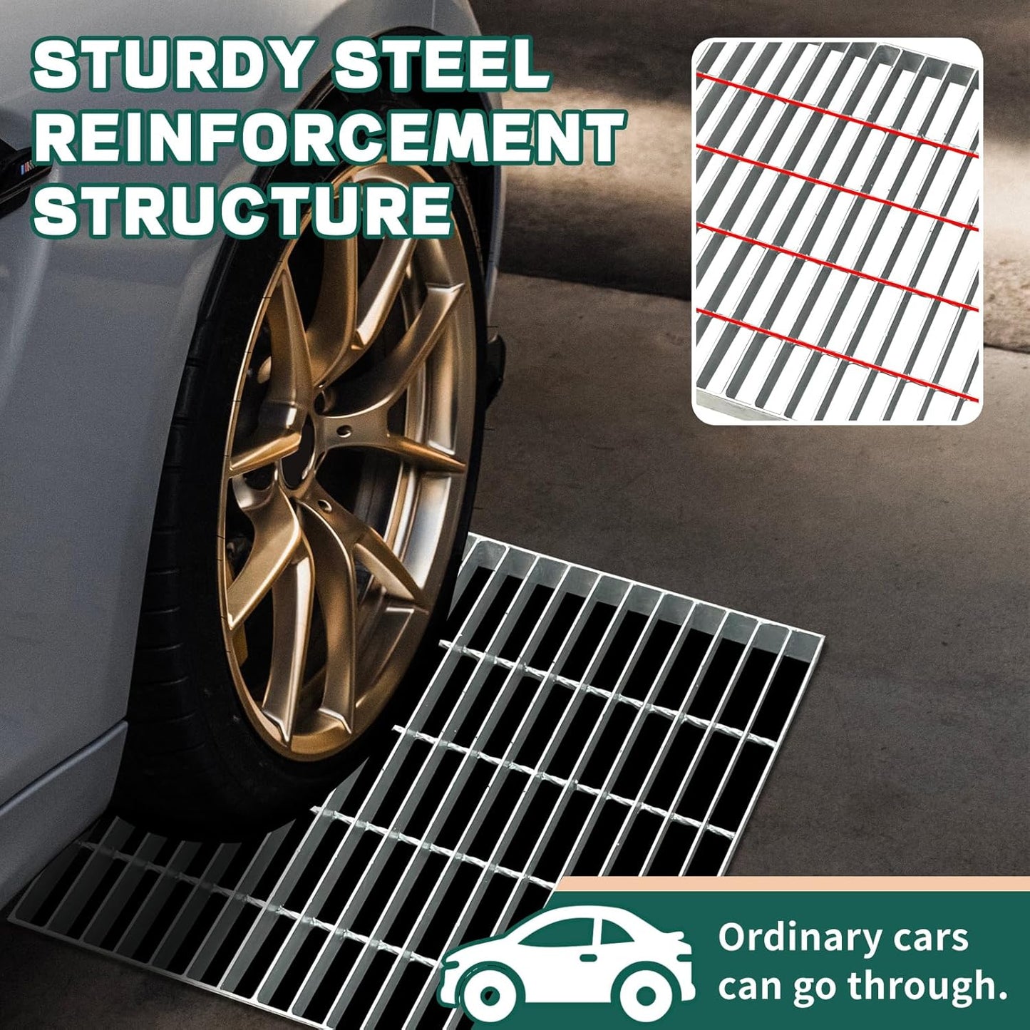Outdoor Drain Cover: 23.6inX23.6in Steel Grates for Driveway, B125 Class Channel Grate