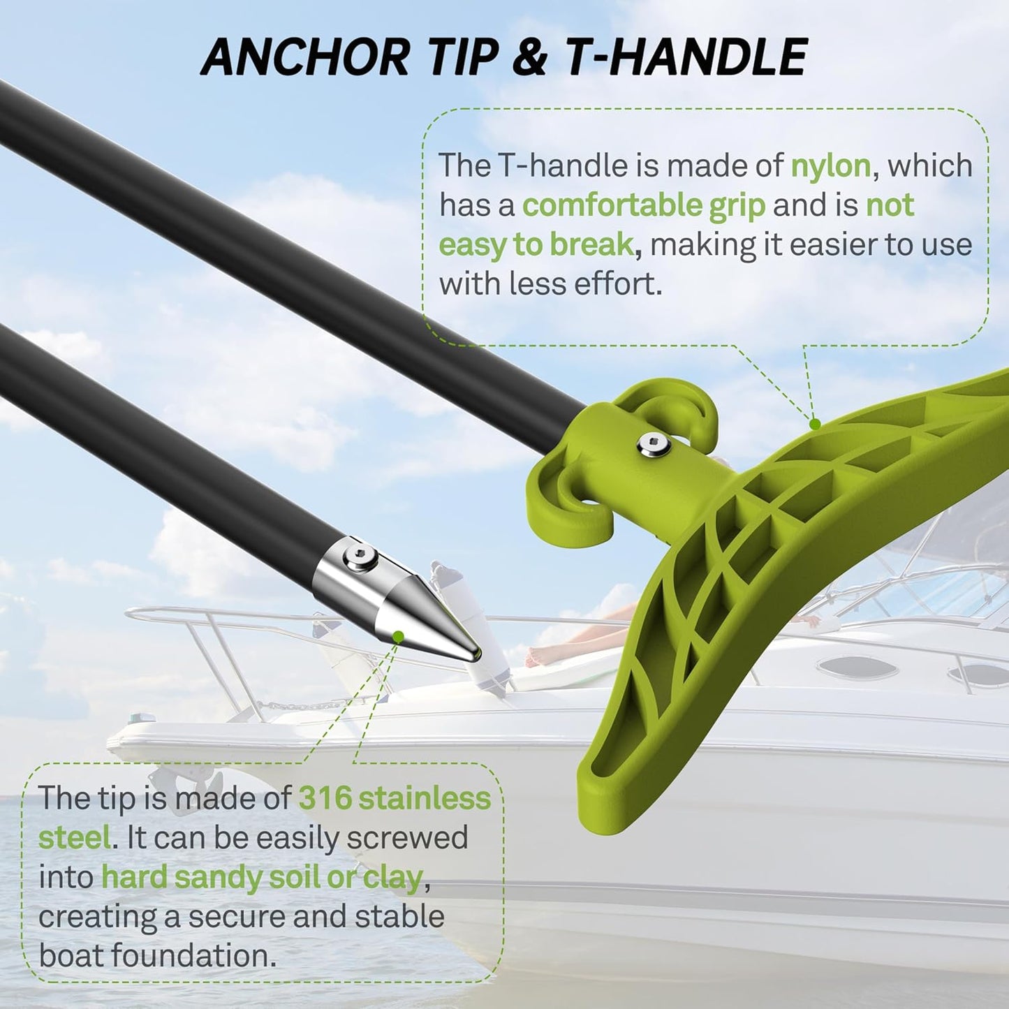 Shallow Water Anchor Pole 8.63 ft, Fiberglass Sand Anchor with T-Handle and 316 Stainless Tip, Corrosion-Resistant