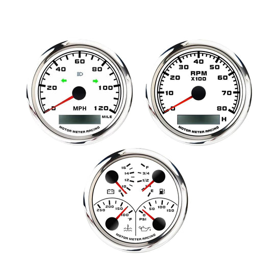 MOTOR METER RACING W PRO Series 3 Gauge Set 85mm 3-3/8" GPS Speedometer with Turn Signal High Beam, Tachometer & 4 in 1 Multi-Functio