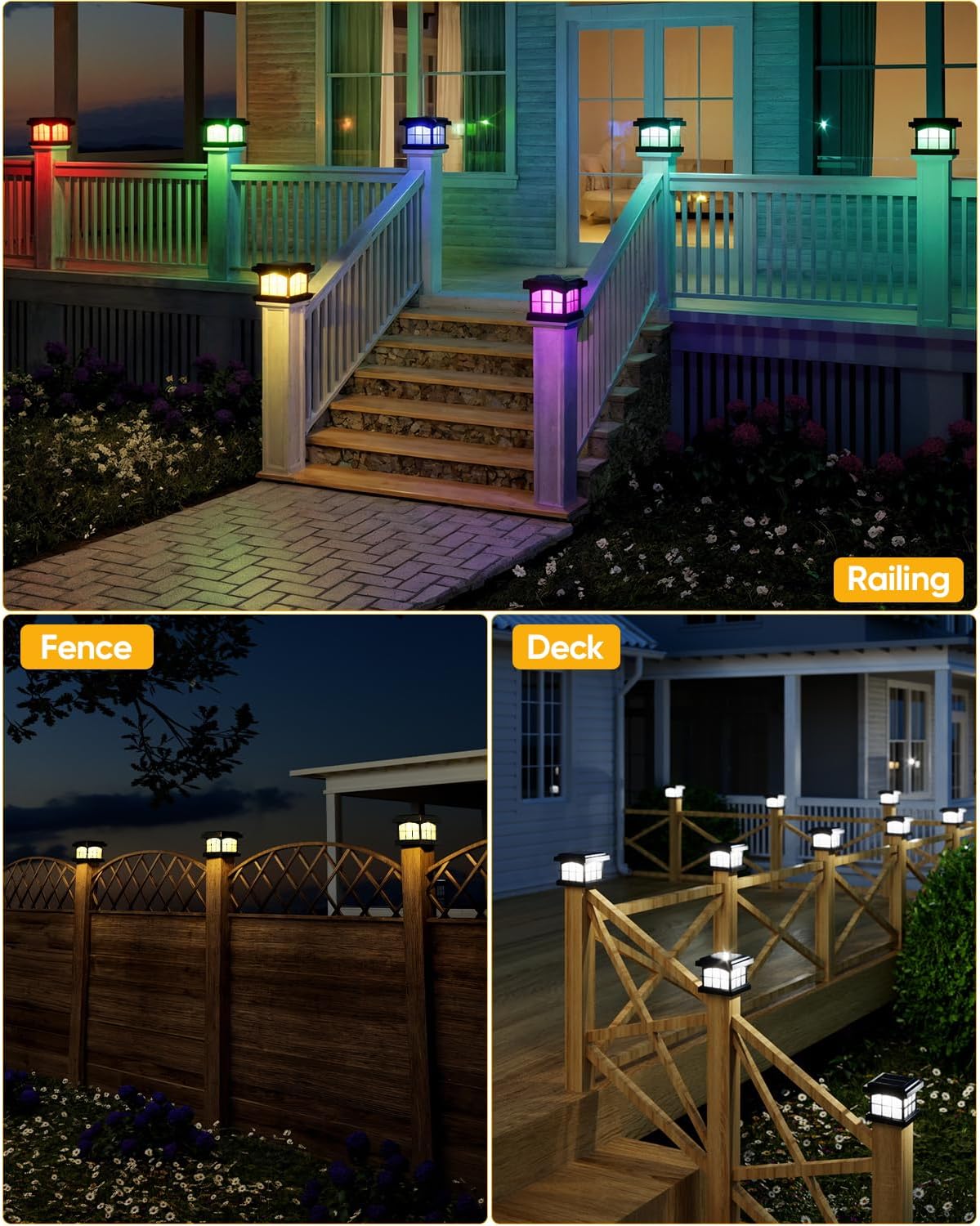 PARTPHONER RGBCW Solar Post Lights 12-Pack, 9 Colors 3 Modes Fence Cap Lights, Bright Solar Lights Outdoor Waterproof LED Deck Lighting for Fence