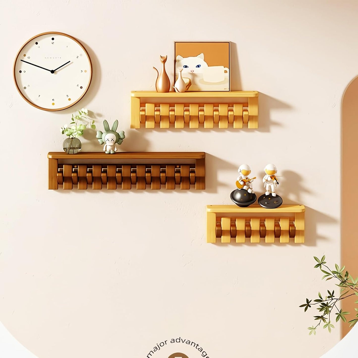 Wall Mounted Piano Key Hanger, Flip Style Hook, Entrance Wall Art Hook, Made of Oak Wood