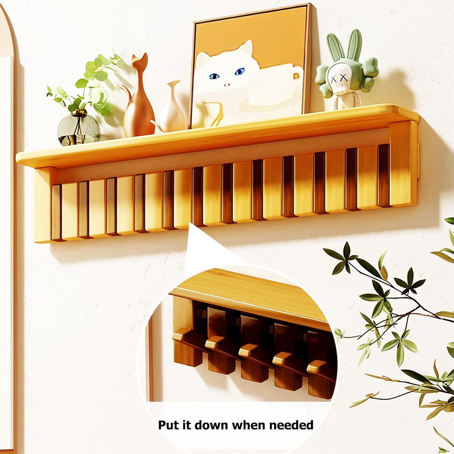Wall Mounted Piano Key Hanger, Flip Style Hook, Entrance Wall Art Hook, Made of Oak Wood