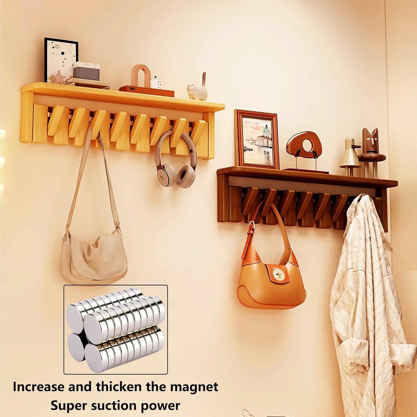 Wall Mounted Piano Key Hanger, Flip Style Hook, Entrance Wall Art Hook, Made of Oak Wood
