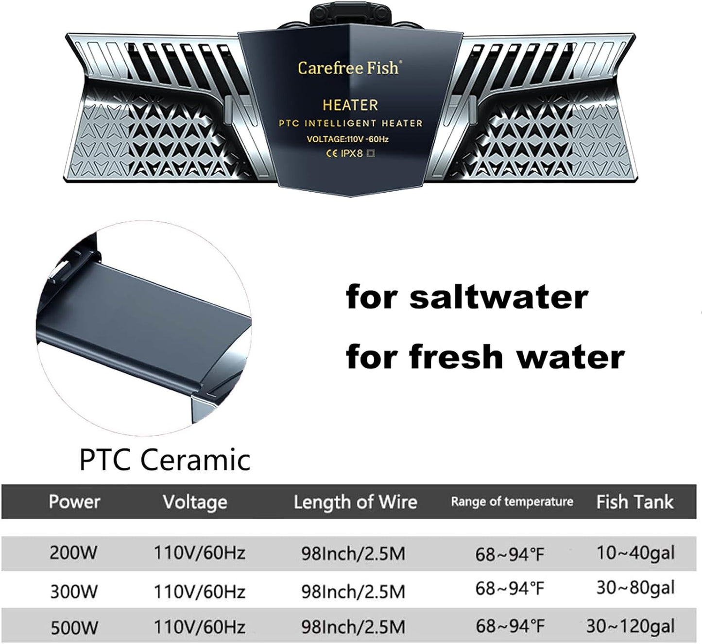 Fish Aquarium Heater 200/300/500W PTC Ceramic Digital Double Heating Rods