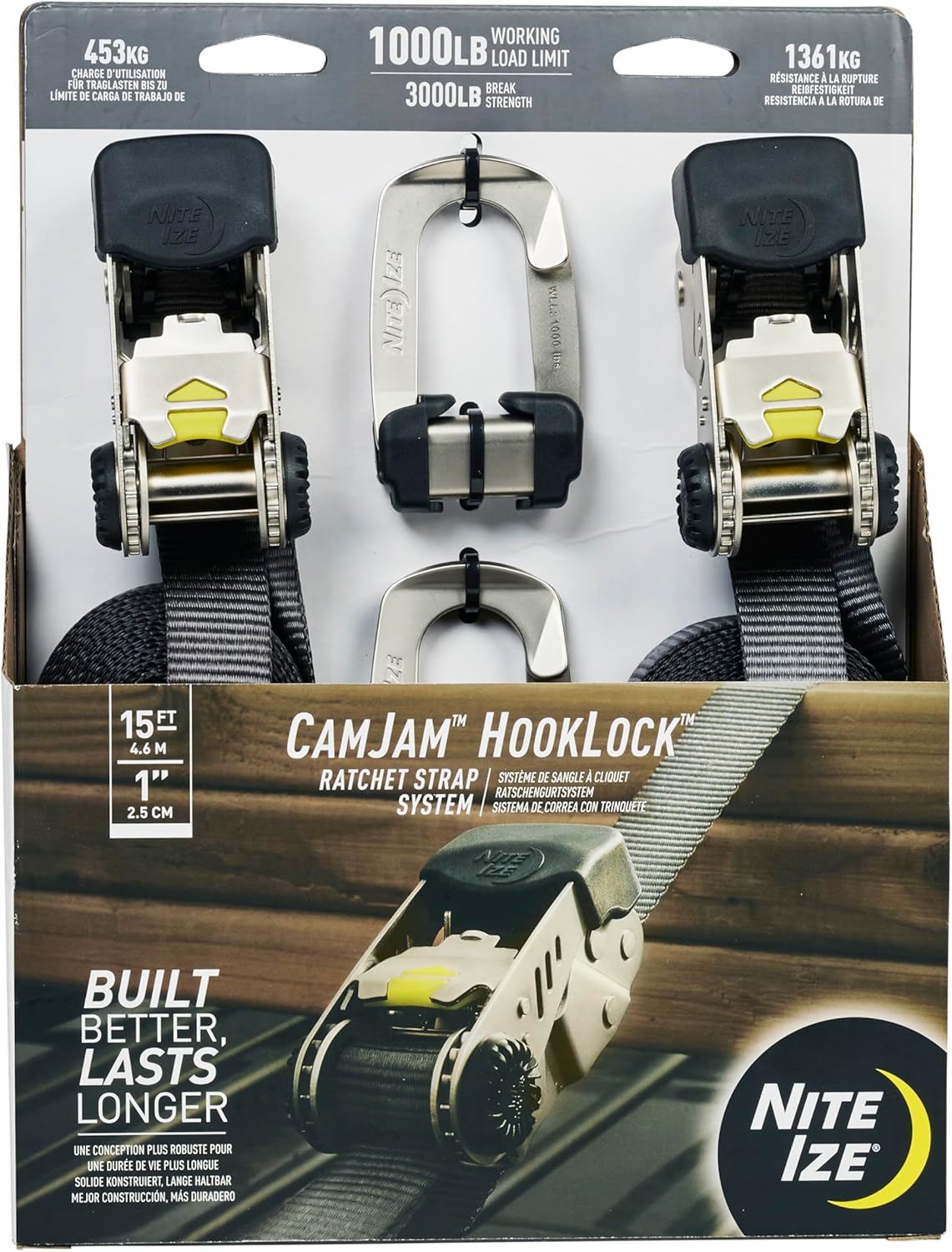 Nite Ize CamJam HookLock Ratchet Strap System - Adjustable, Heavy-Duty Tie Down Straps - Cargo Attachment with Spring-Actuated Hooks - Includes