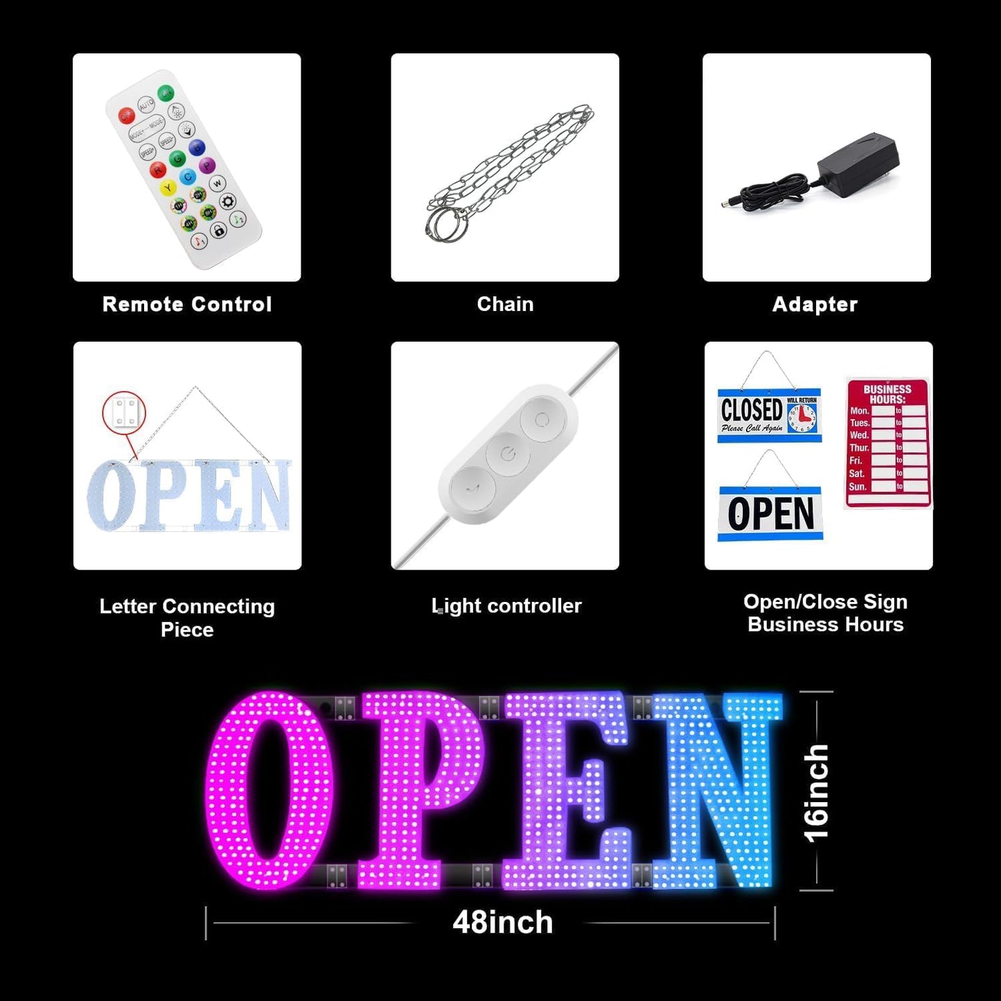 48'x16' Large Led Open Signs for Business, Remote Smart APP/Timer/Adjustment Brightness/Color