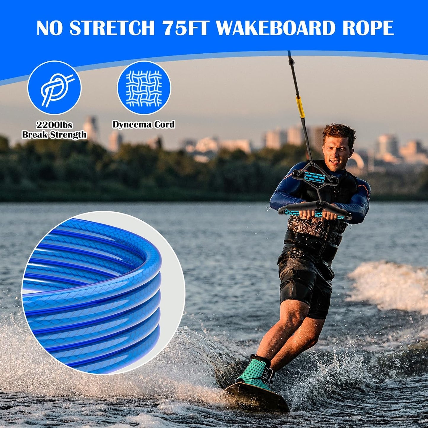 No Stretch Wakeboard Rope and Handle, 75FT Floating with T-Handle for Doing Spin Skill, 4-Sections Ski Ropes
