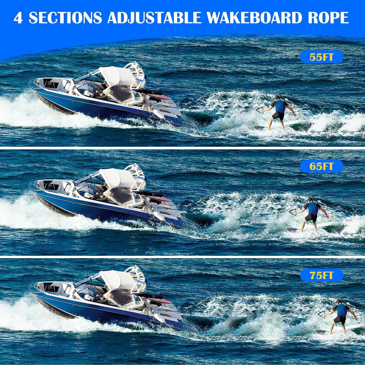 No Stretch Wakeboard Rope and Handle, 75FT Floating with T-Handle for Doing Spin Skill, 4-Sections Ski Ropes
