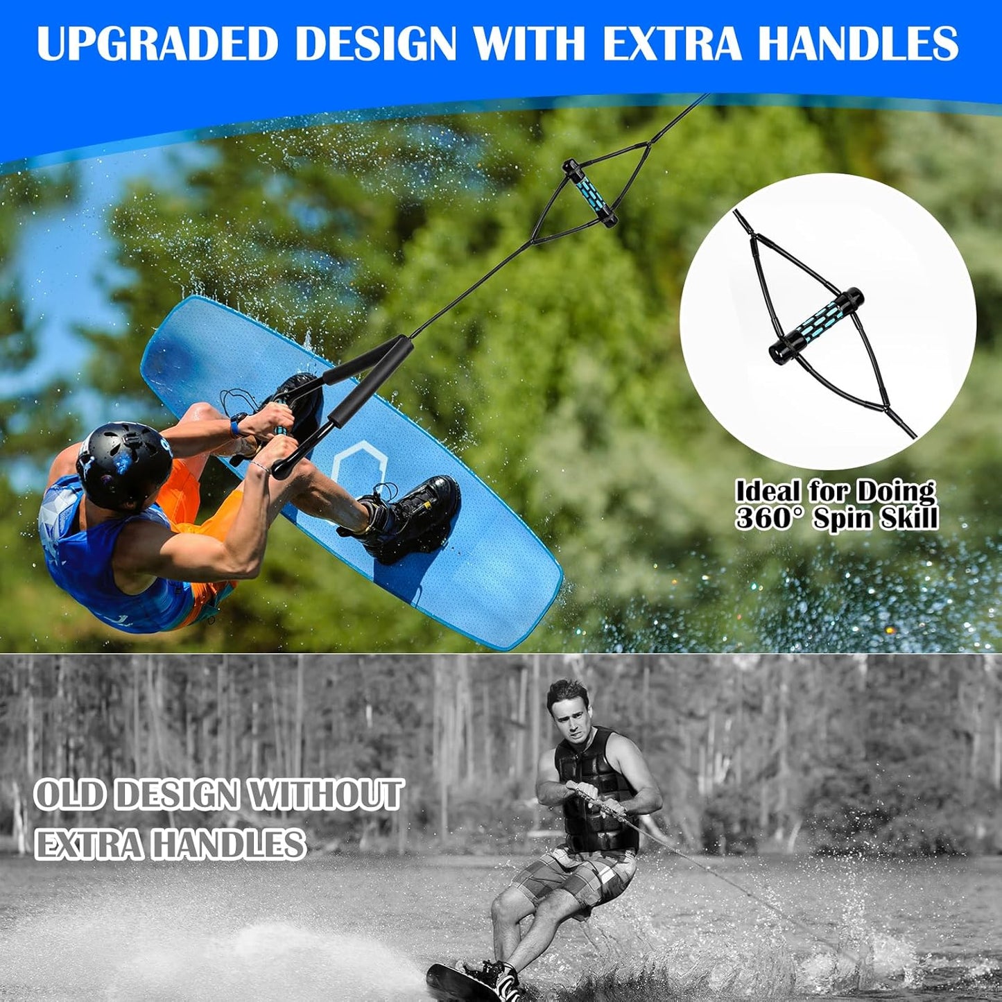 No Stretch Wakeboard Rope and Handle, 75FT Floating with T-Handle for Doing Spin Skill, 4-Sections Ski Ropes