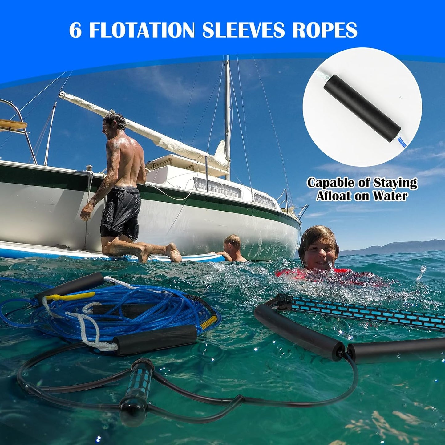 No Stretch Wakeboard Rope and Handle, 75FT Floating with T-Handle for Doing Spin Skill, 4-Sections Ski Ropes