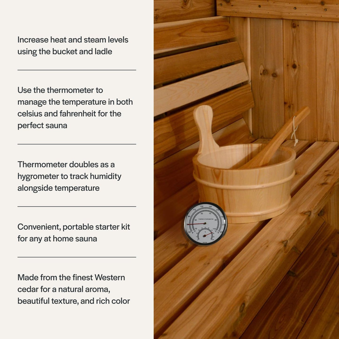 Saunas Sauna Bucket and Ladle Set with Thermometer, Handmade in USA, Stoke Hot Rocks with Ladle, Luxury