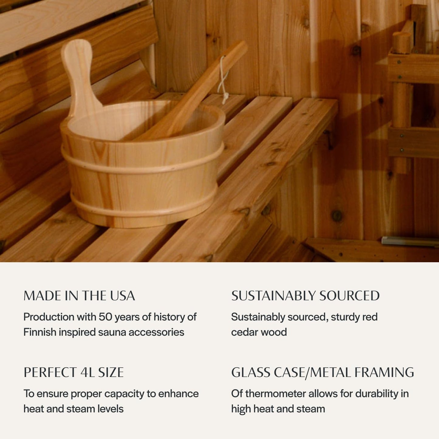 Saunas Sauna Bucket and Ladle Set with Thermometer, Handmade in USA, Stoke Hot Rocks with Ladle, Luxury
