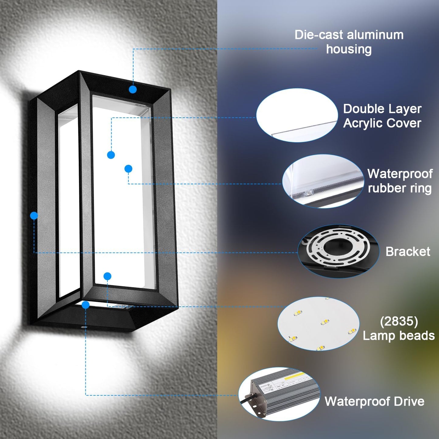 Modern Outdoor Wall Light with Aluminum Frame, 1800LM Wall Sconce with Acrylic Shade, Waterproof, 2-Pack