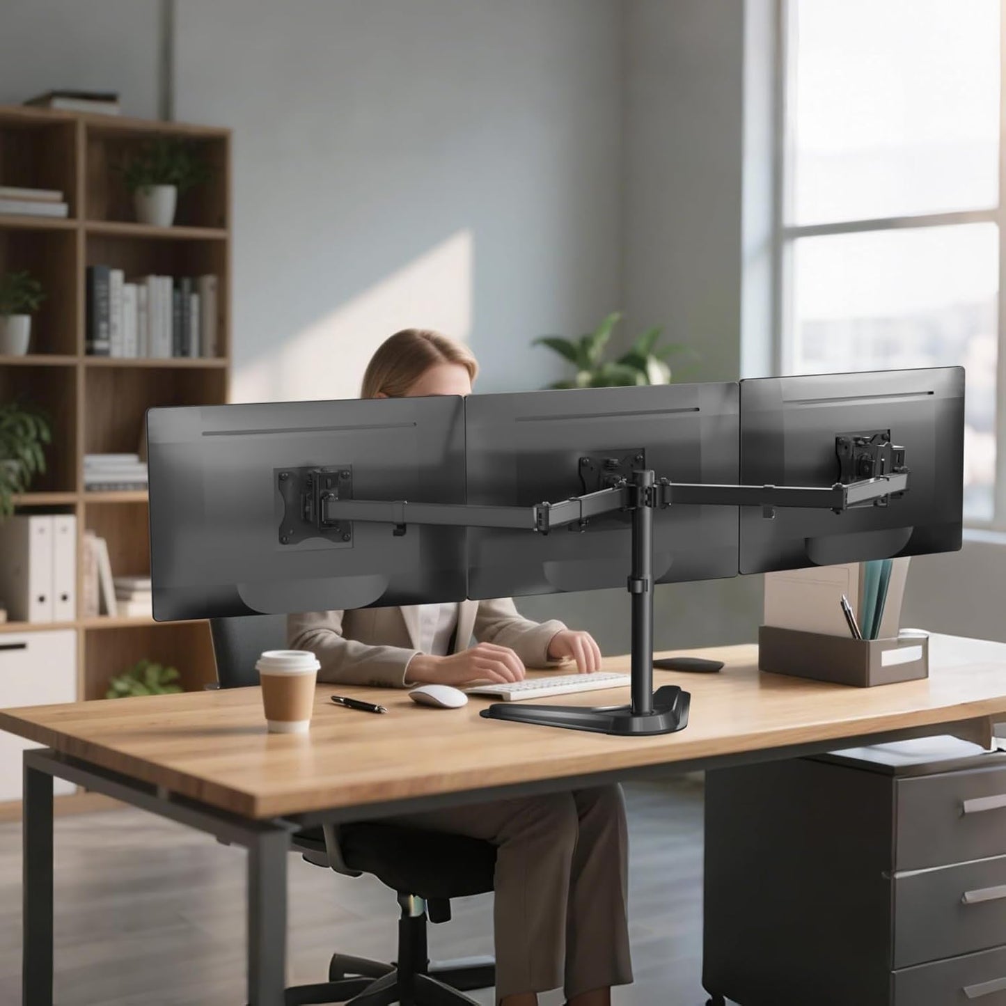 Free Standing Triple Monitor Mount, Heavy Duty for 13-27 inch Screens, Adjustable 3 Monitor Arm Desk Mount