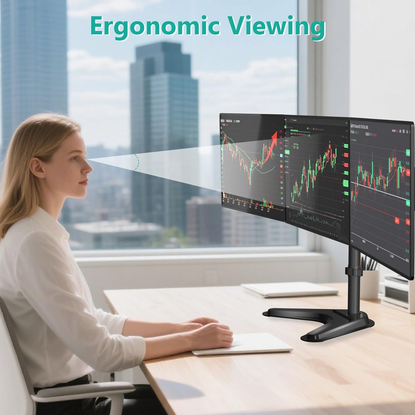 Free Standing Triple Monitor Mount, Heavy Duty for 13-27 inch Screens, Adjustable 3 Monitor Arm Desk Mount
