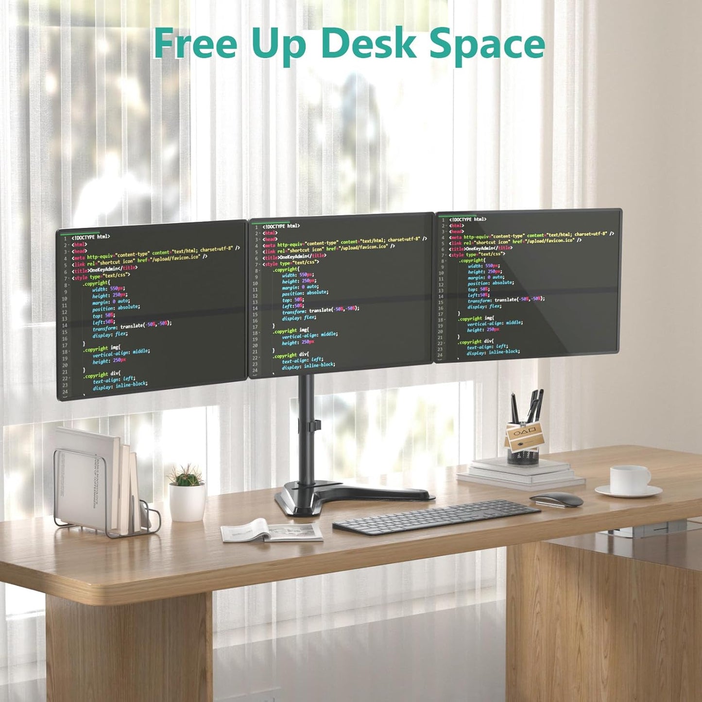 Free Standing Triple Monitor Mount, Heavy Duty for 13-27 inch Screens, Adjustable 3 Monitor Arm Desk Mount