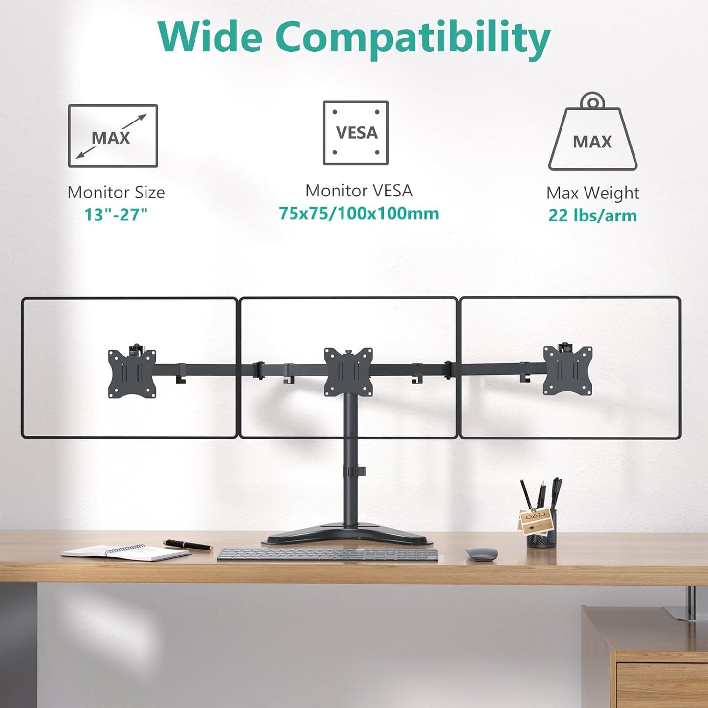 Free Standing Triple Monitor Mount, Heavy Duty for 13-27 inch Screens, Adjustable 3 Monitor Arm Desk Mount