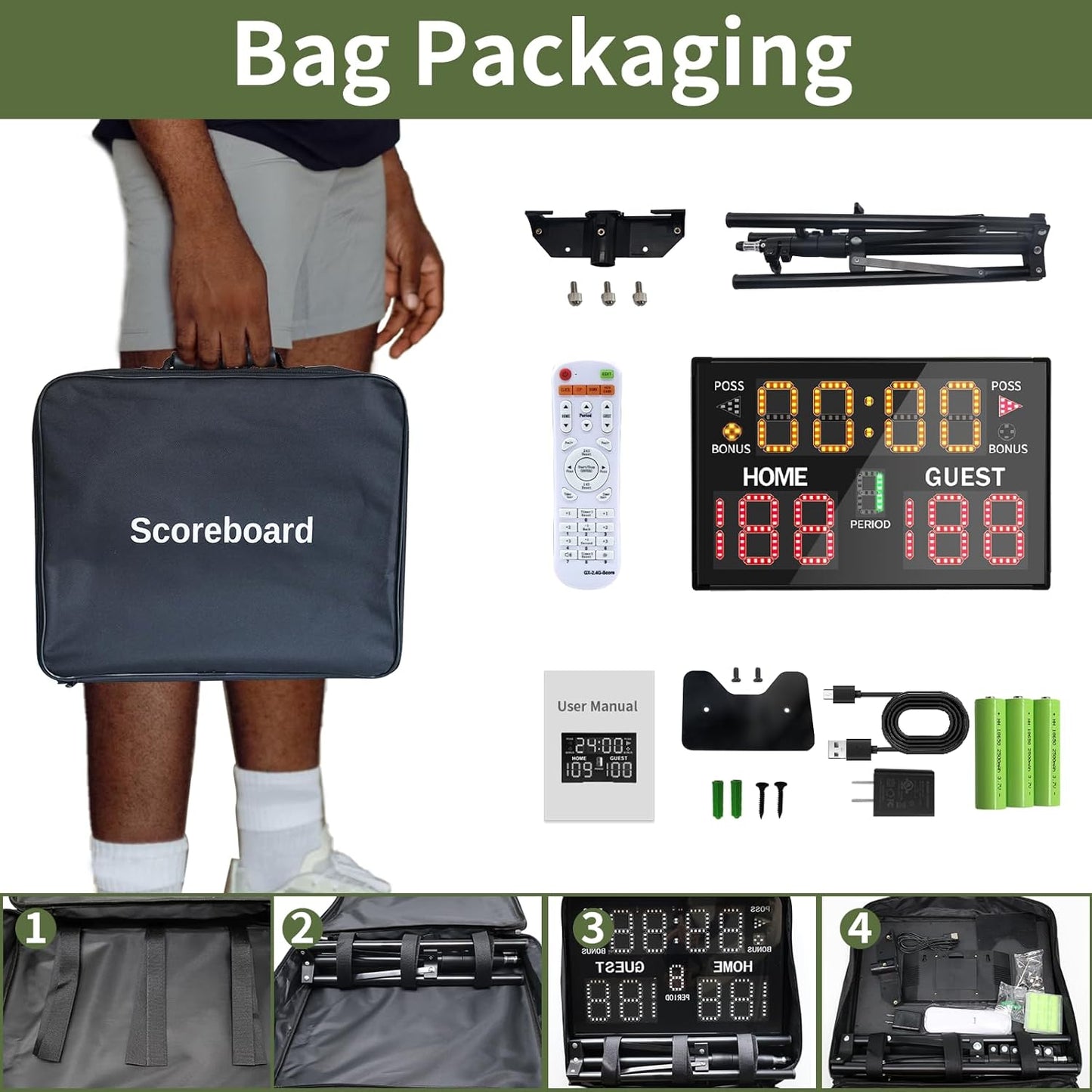 Electronic Basketball Scoreboard with Buzzer with Remote, Portable, Battery Powered Indoor/Outdoor