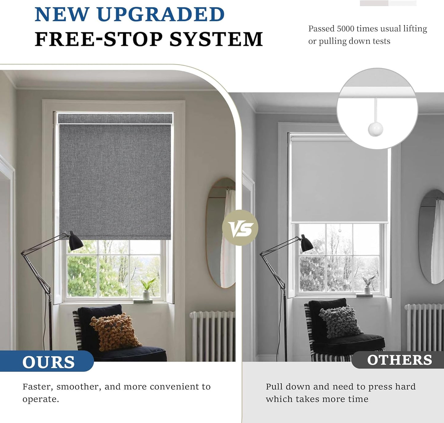 Cordless Roller Shades for Windows, Blackout Blinds, Room Darkening Pull Down Shades with Free-Stop System