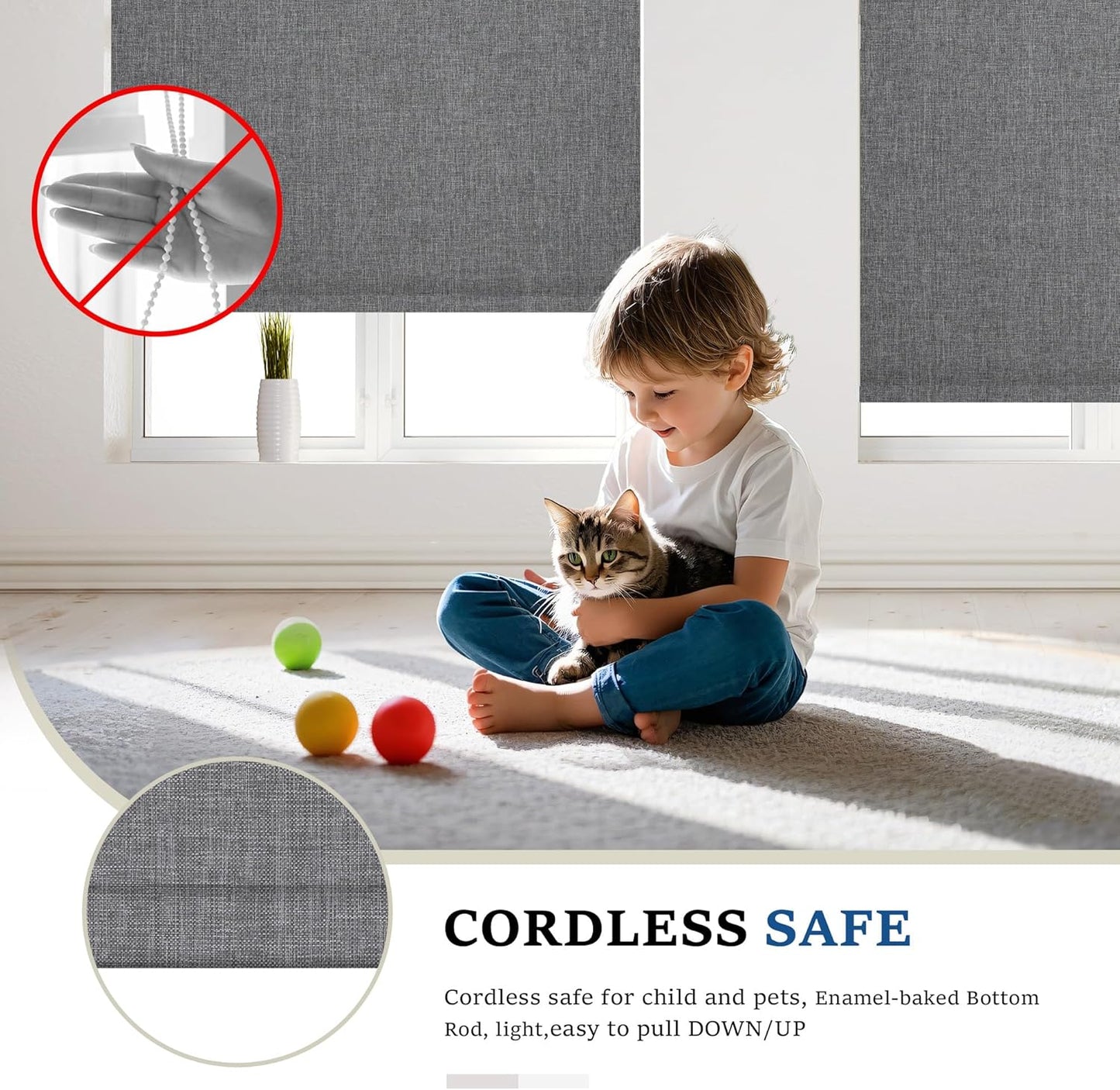 Cordless Roller Shades for Windows, Blackout Blinds, Room Darkening Pull Down Shades with Free-Stop System