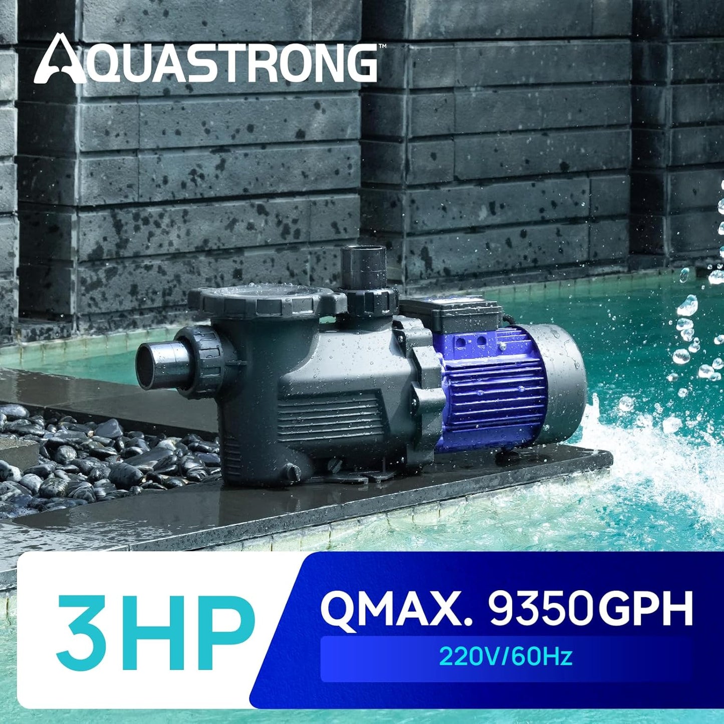 AQUASTRONG In/Above Ground Pool Pump, 3HP Single Speed, 220V, with High Flow 9350 GPH