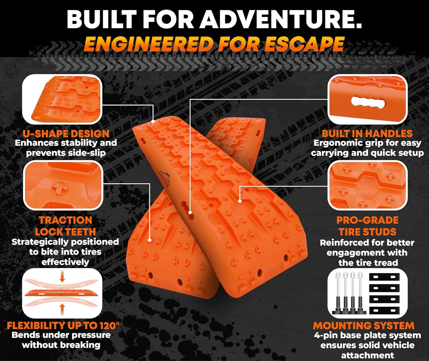 Premium Traction Boards Off-road/Overlanding Gear, Complete Recovery Board Mount Kit, Survival Shovel