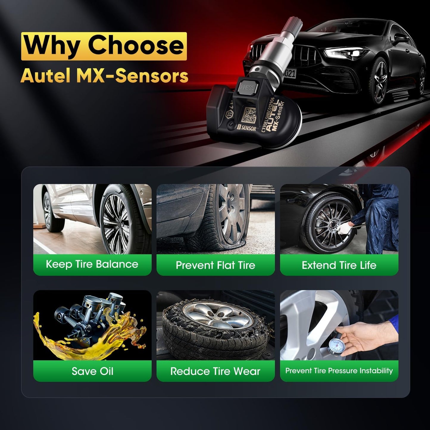TPMS Sensor Set of 4, MX-Sensor 2in 1 315MHz + 433MHz Press-in TPMS Universal Programmable Sensor