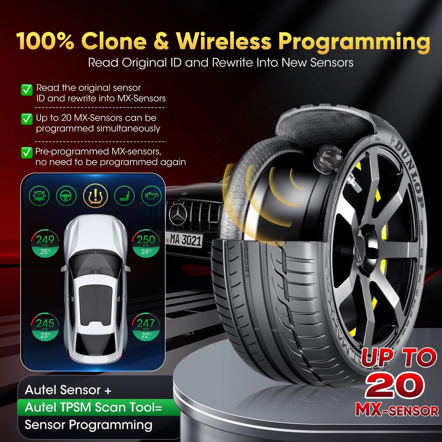 TPMS Sensor Set of 4, MX-Sensor 2in 1 315MHz + 433MHz Press-in TPMS Universal Programmable Sensor