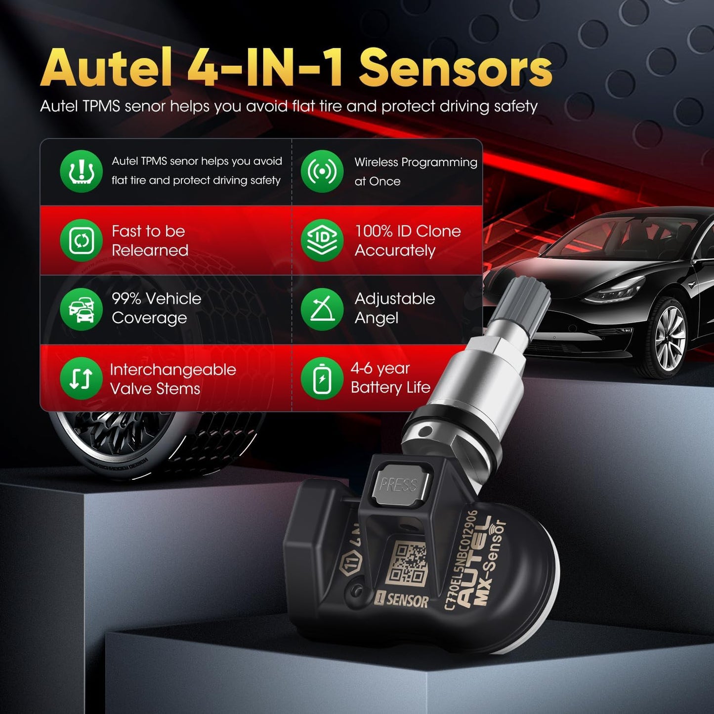 TPMS Sensor Set of 4, MX-Sensor 2in 1 315MHz + 433MHz Press-in TPMS Universal Programmable Sensor