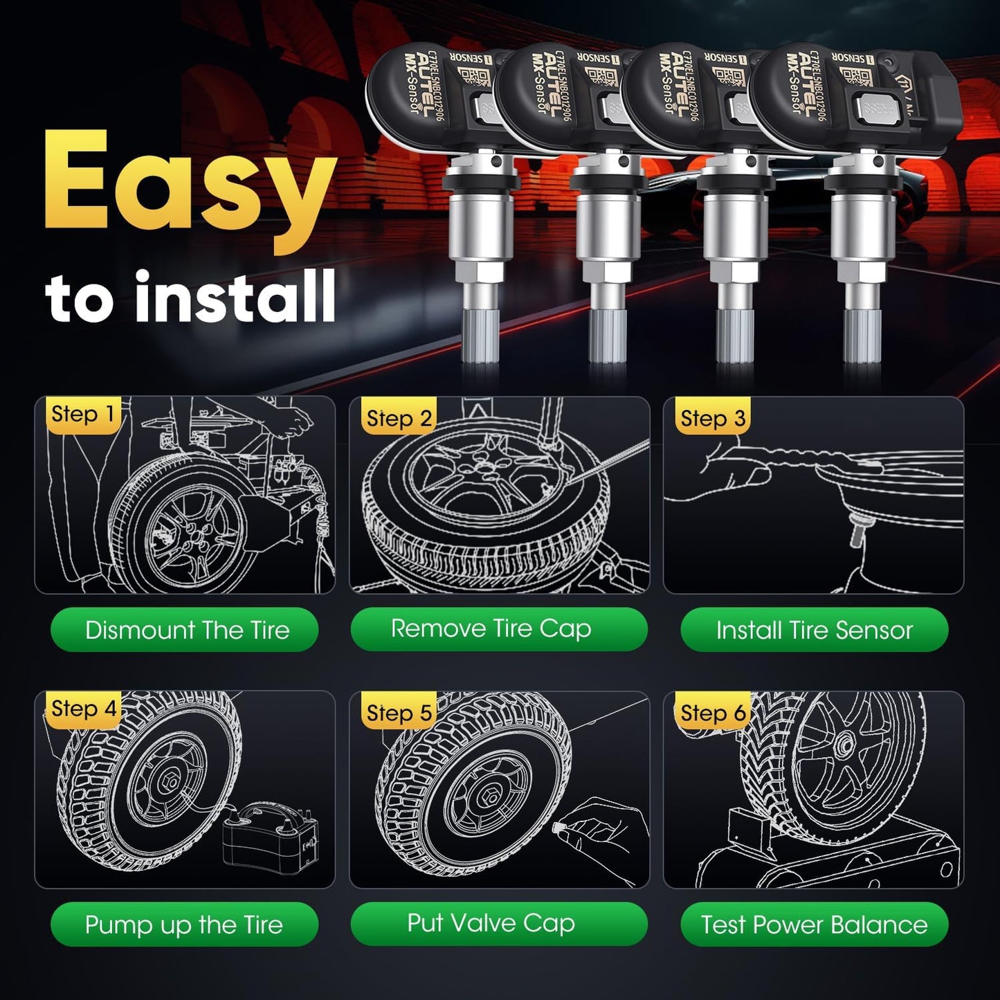 TPMS Sensor Set of 4, MX-Sensor 2in 1 315MHz + 433MHz Press-in TPMS Universal Programmable Sensor