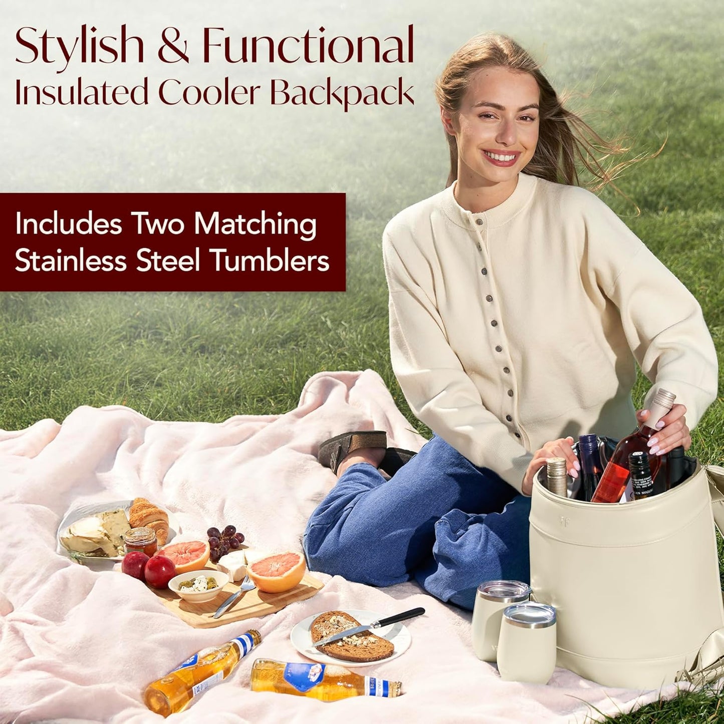 Insulated Cooler Backpack with 2 Stainless Steel Wine Tumblers, Leakproof and Spill-proof