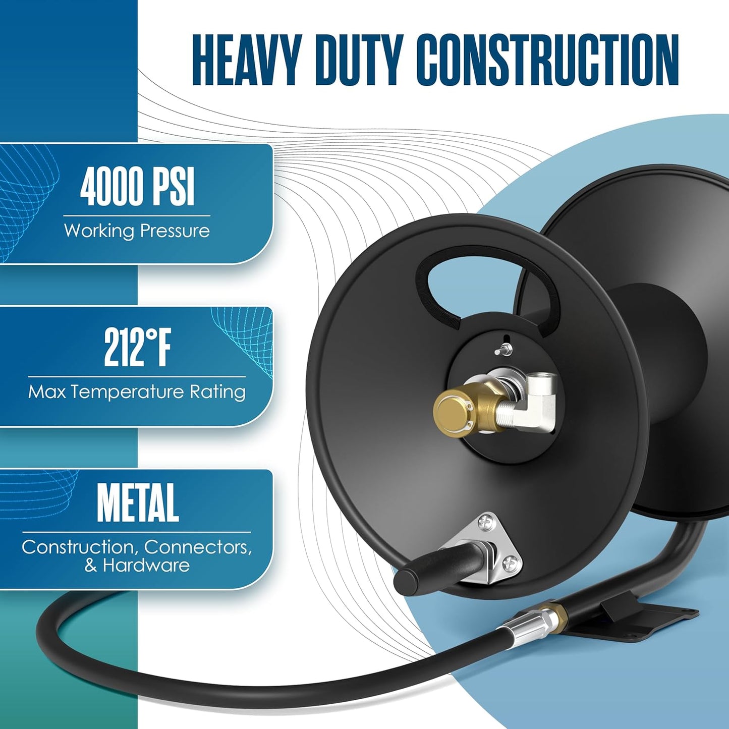 Pressure Washer Hose Reel, 100 FT, Holder For Power Washing Hose, Air Compressor, Jetter, Industrial