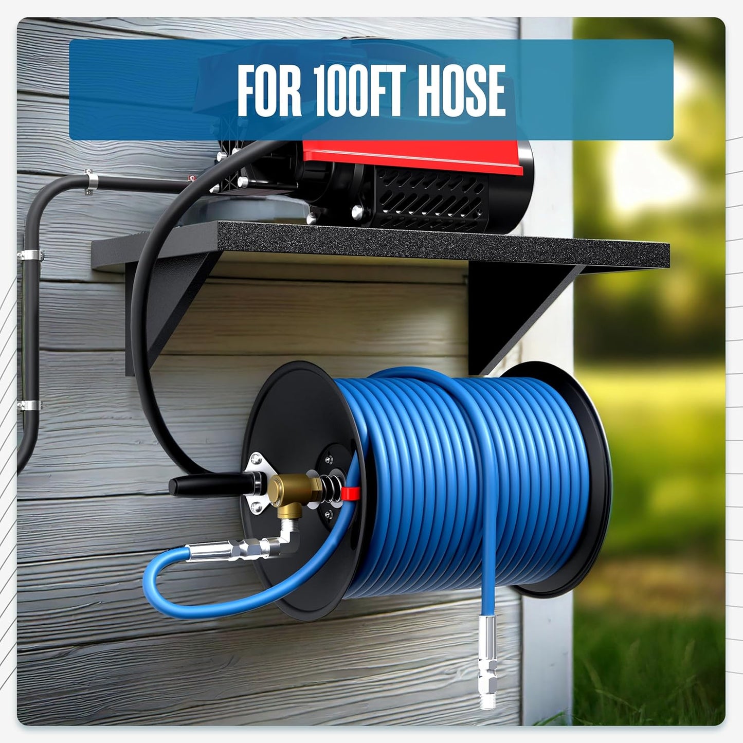 Pressure Washer Hose Reel, 100 FT, Holder For Power Washing Hose, Air Compressor, Jetter, Industrial