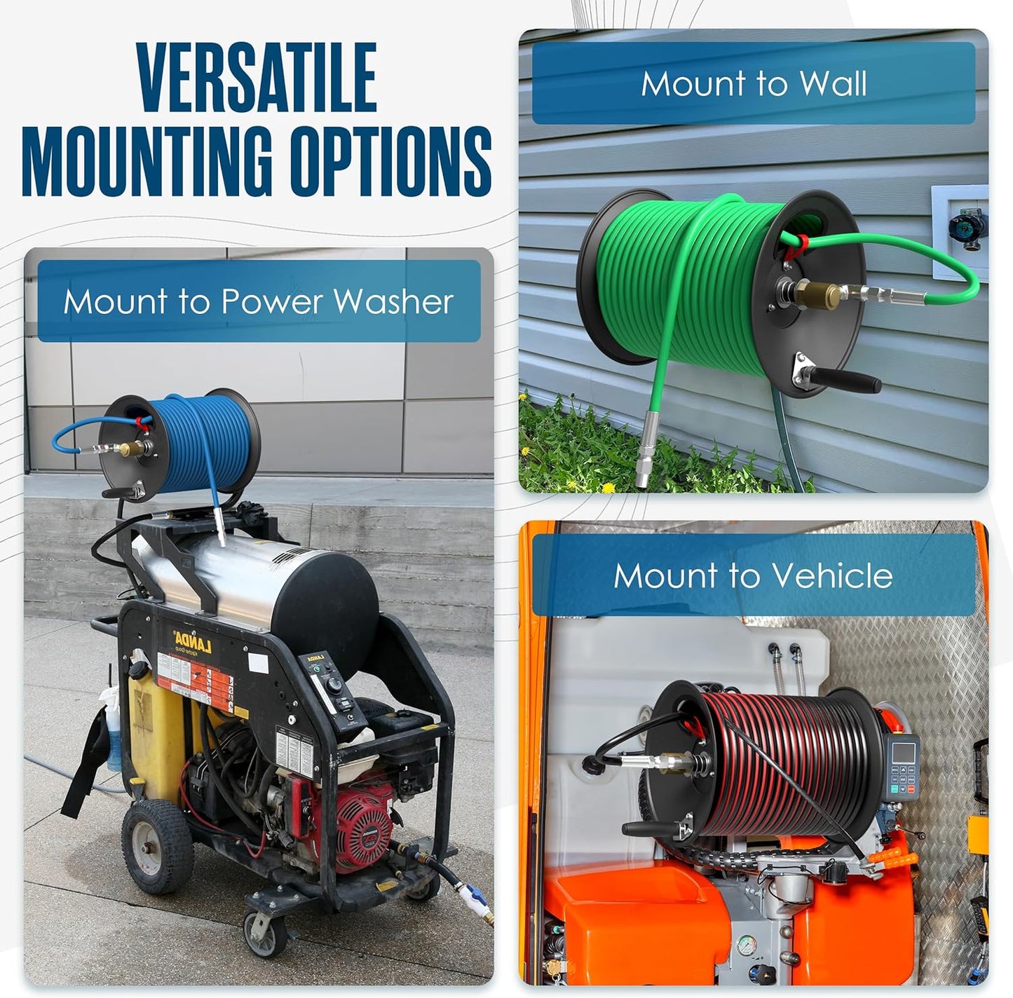 Pressure Washer Hose Reel, 100 FT, Holder For Power Washing Hose, Air Compressor, Jetter, Industrial