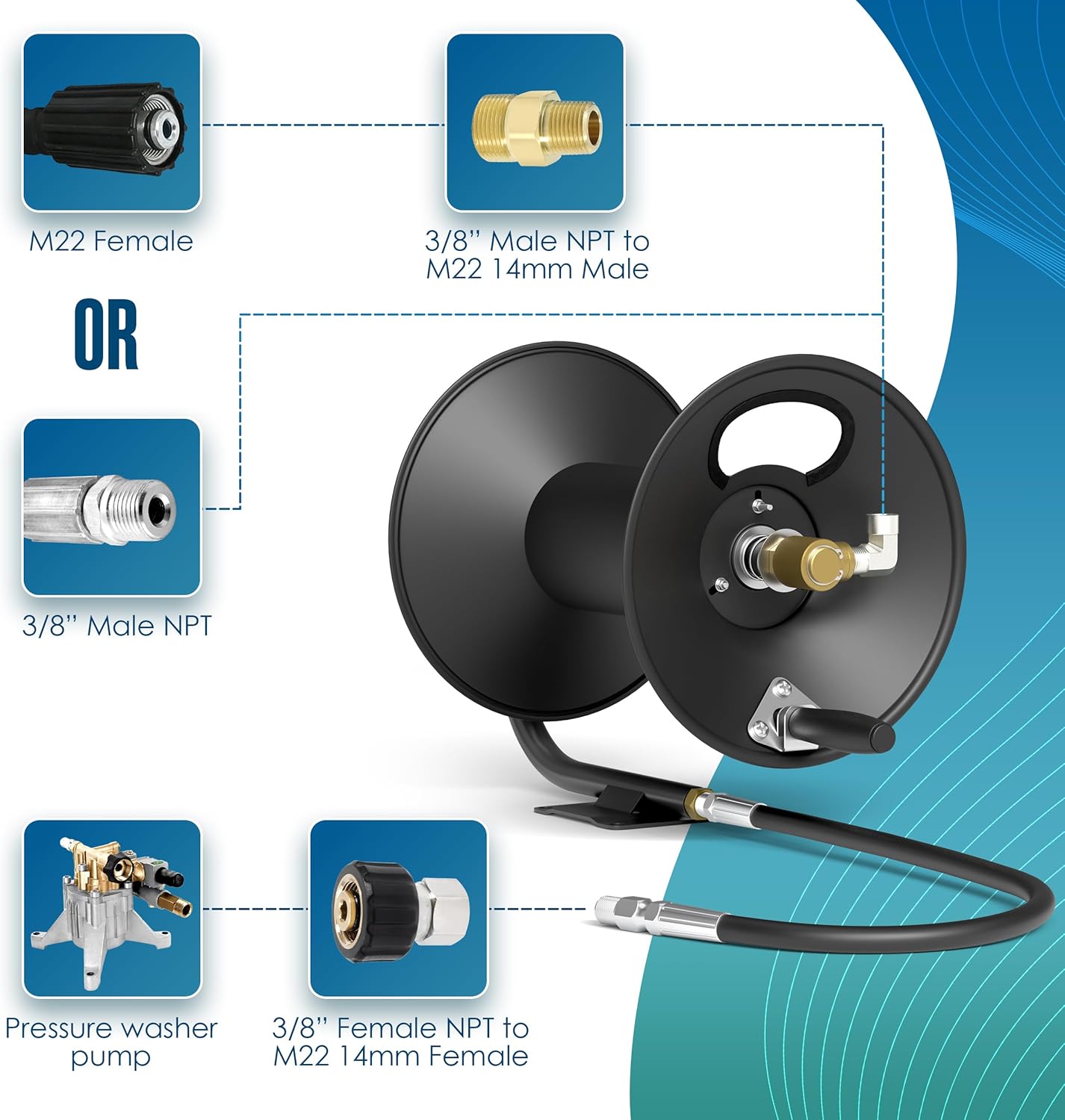Pressure Washer Hose Reel, 100 FT, Holder For Power Washing Hose, Air Compressor, Jetter, Industrial