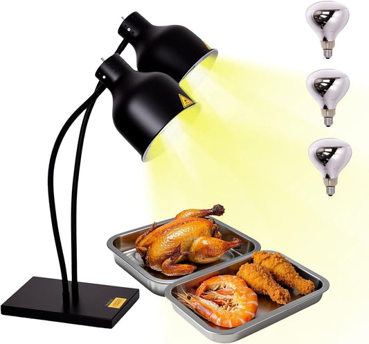 Commercial Dual Head Food Heat Lamp, Portable Electric Food Warmer 3-Bulb 550W Electric Warming Lights for Food Service