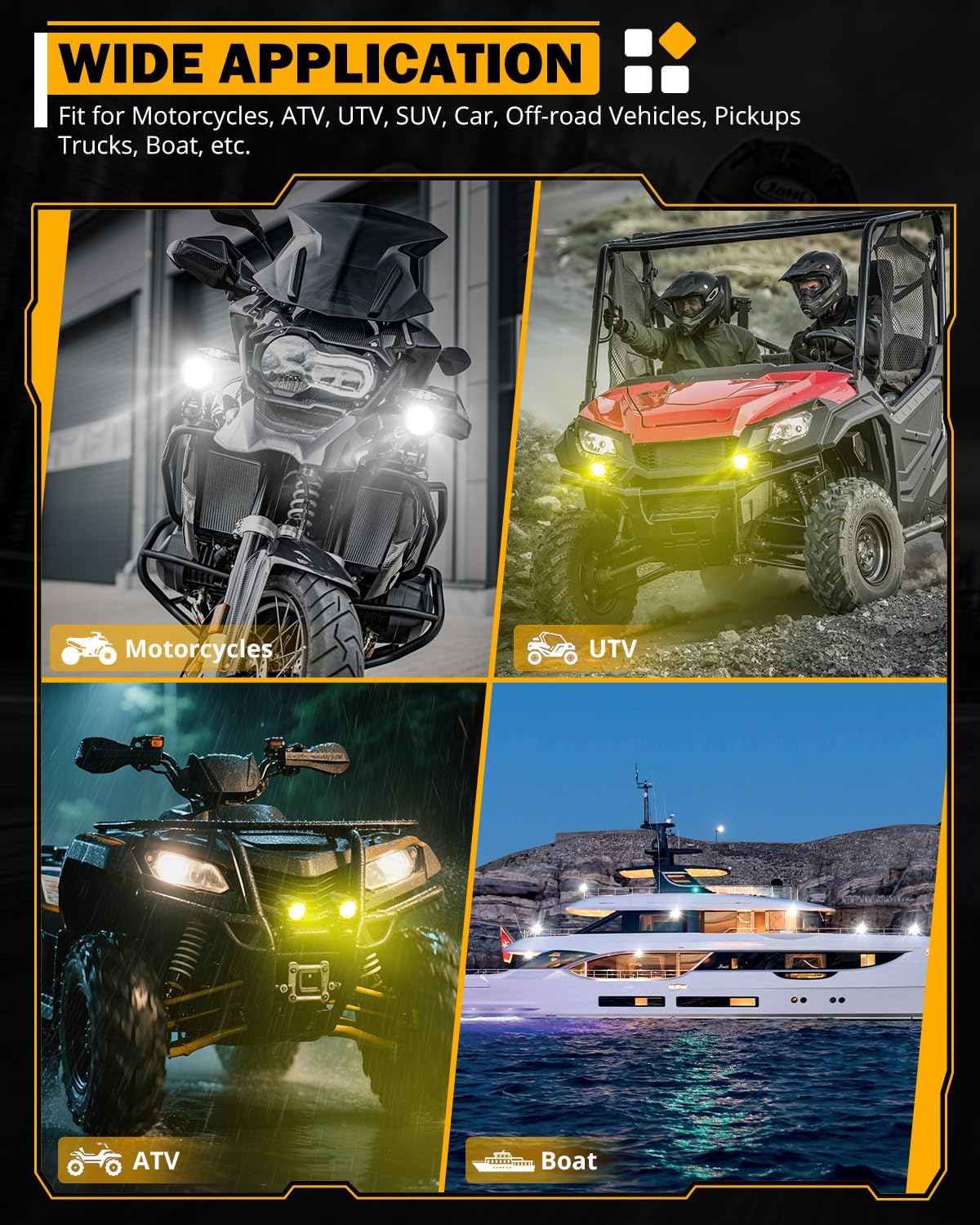 Auxbeam Motorcycle Auxiliary Lights, LED Driving Spotlight with Halo, DRL, White/Amber 8 Modes Dual-Color