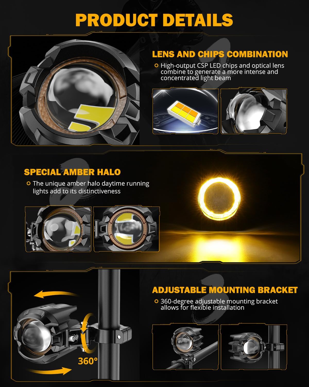 Auxbeam Motorcycle Auxiliary Lights, LED Driving Spotlight with Halo, DRL, White/Amber 8 Modes Dual-Color