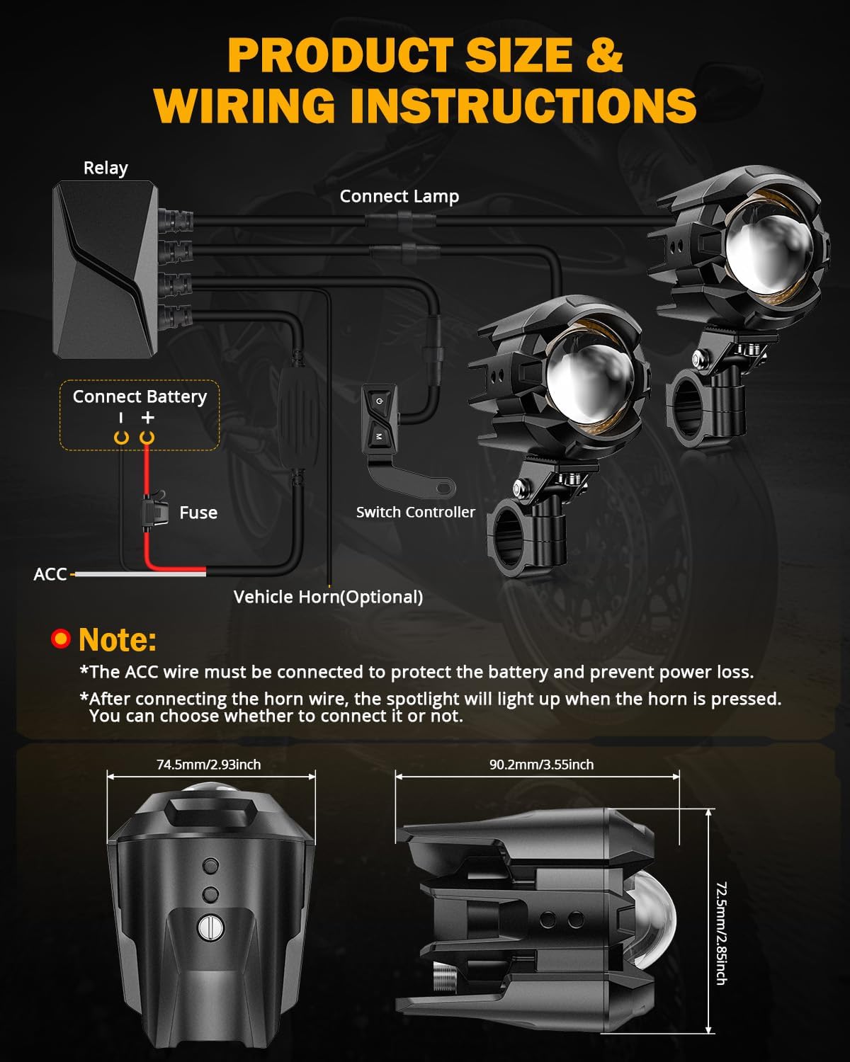 Auxbeam Motorcycle Auxiliary Lights, LED Driving Spotlight with Halo, DRL, White/Amber 8 Modes Dual-Color