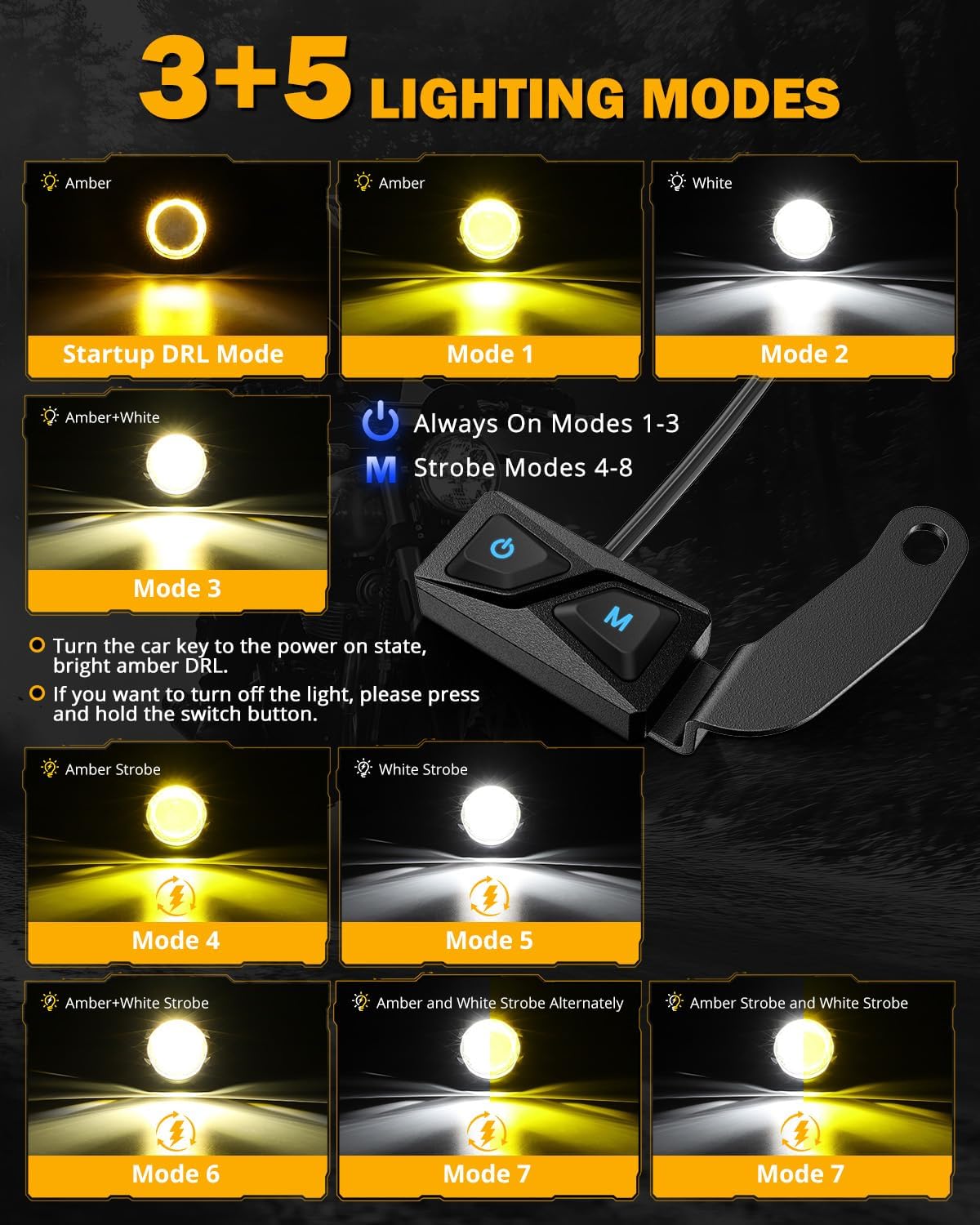 Auxbeam Motorcycle Auxiliary Lights, LED Driving Spotlight with Halo, DRL, White/Amber 8 Modes Dual-Color