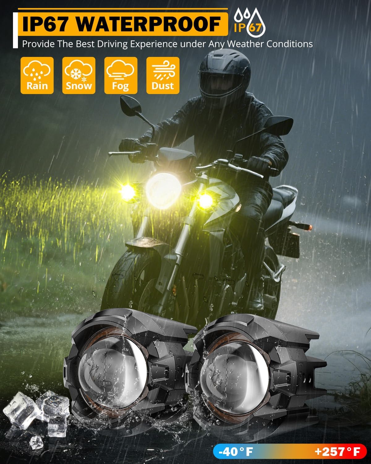 Auxbeam Motorcycle Auxiliary Lights, LED Driving Spotlight with Halo, DRL, White/Amber 8 Modes Dual-Color