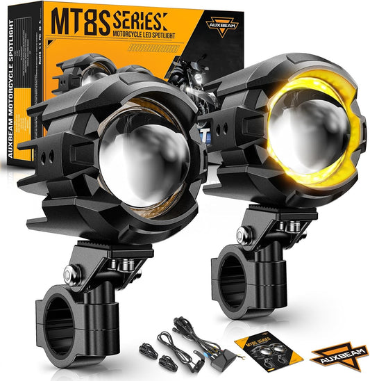 Auxbeam Motorcycle Auxiliary Lights, LED Driving Spotlight with Halo, DRL, White/Amber 8 Modes Dual-Color