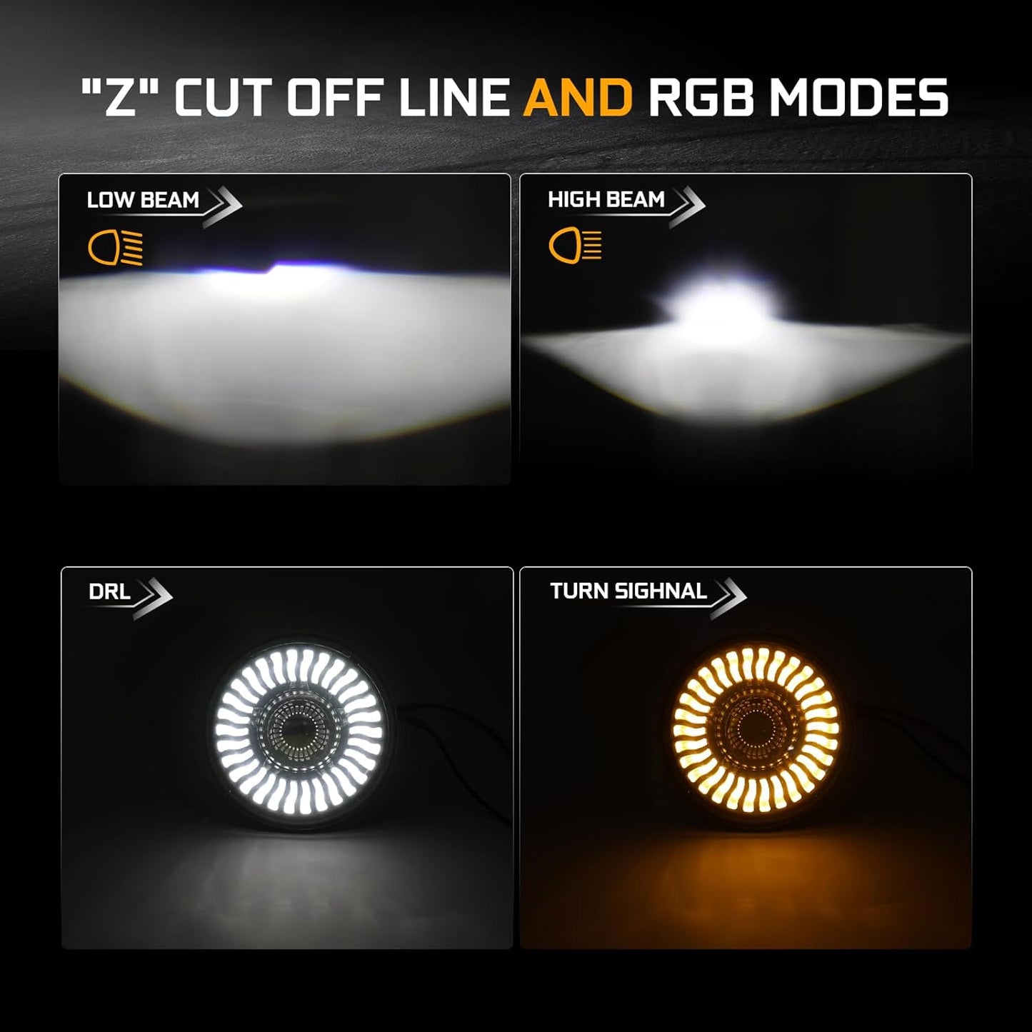 7 Inch Round LED Headlights Assembly High and Low Beam with 'Z' Shape Cut-off Line, for Wrangler JK