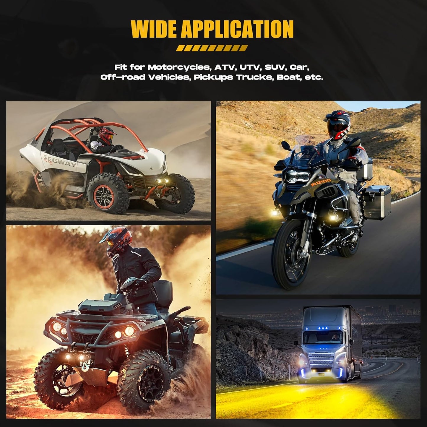 LED Motorcycle Fog Lights, 60W Auxiliary Driving Lights, High/Low Beam, Amber/White, Day Running Lights
