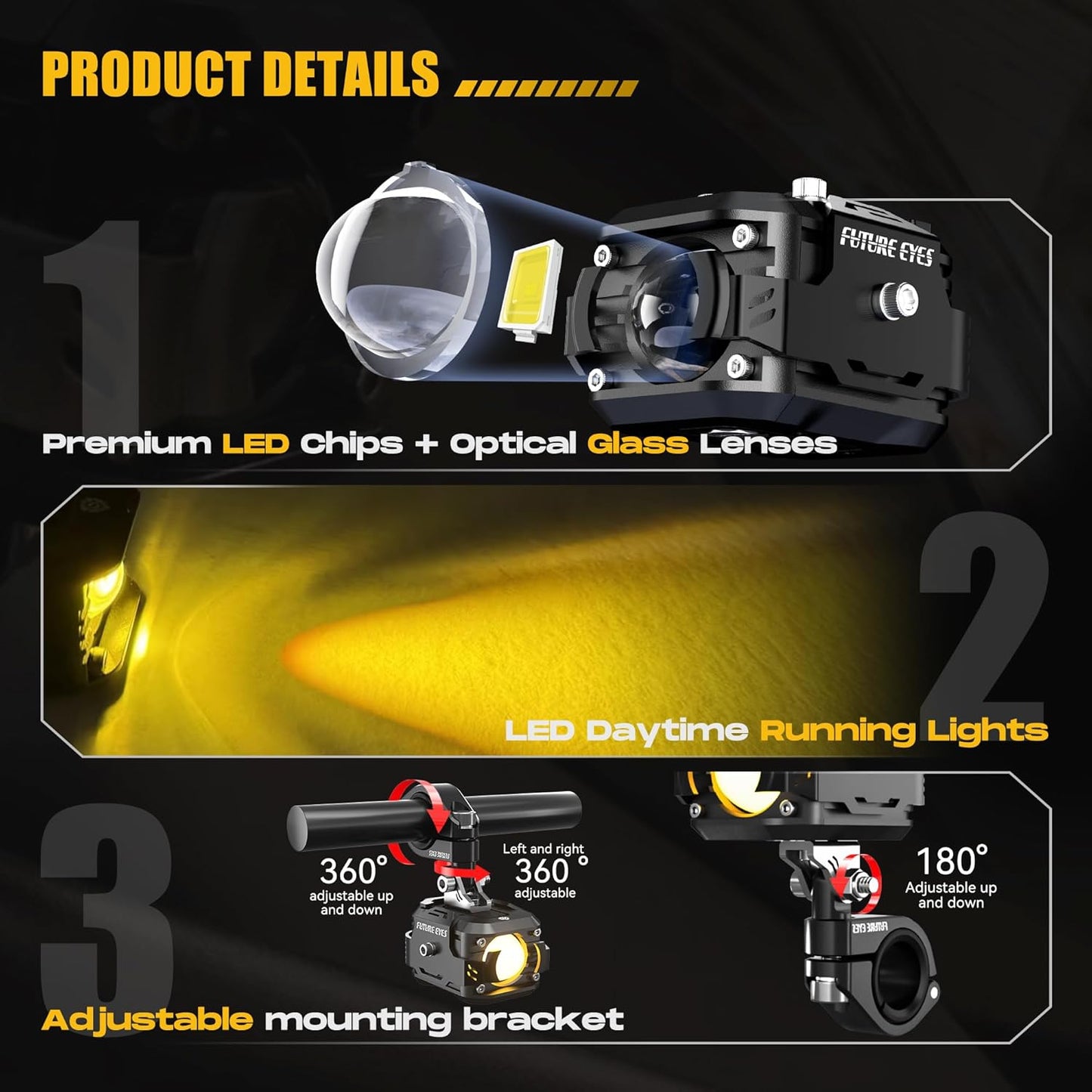LED Motorcycle Fog Lights, 60W Auxiliary Driving Lights, High/Low Beam, Amber/White, Day Running Lights